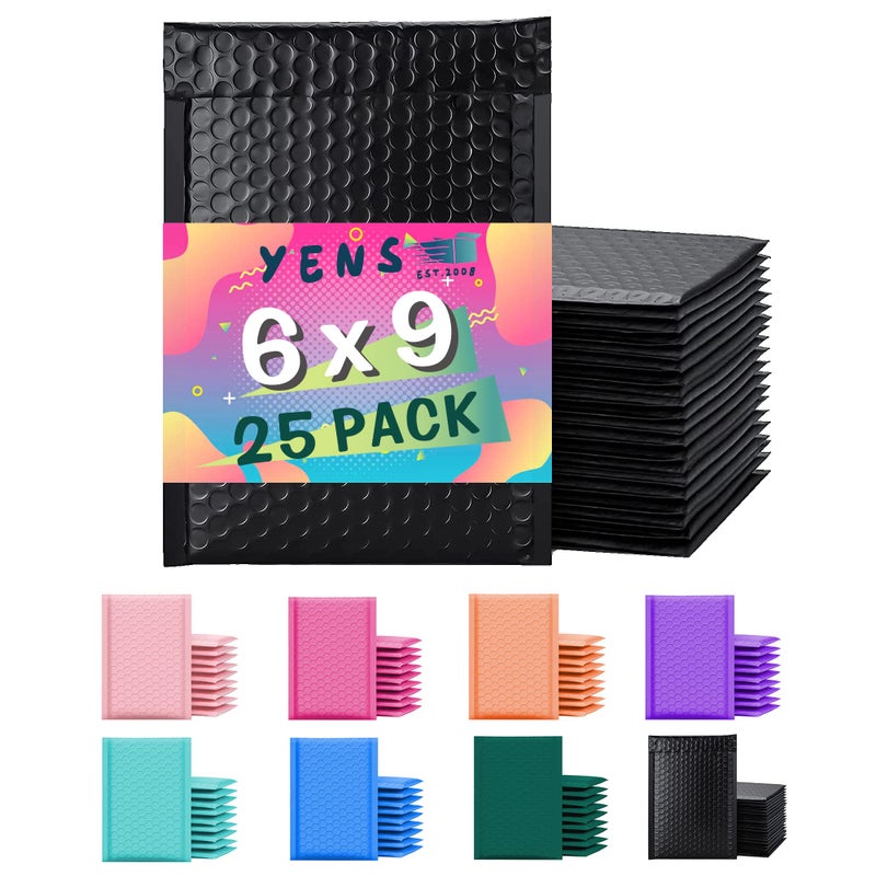 Yens Poly Bubble Mailers 6x10 25 Pack Black Waterproof Self Seal Adhesive Shipping Bags, Cushioning Padded Envelopes for Shipping, Mailing, Packaging Usable Space 6x9 - Image 1